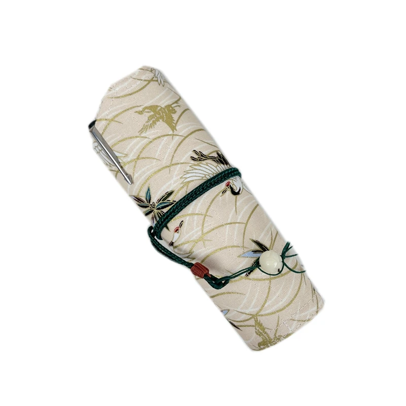 레트로 중국풍 펜 커튼 수제 펜 가방 대용량 펜 가방 5+1팩 노란 구름 크레인 롤 필통