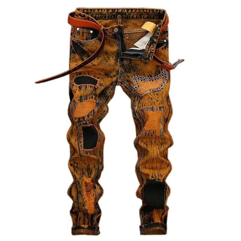 Autumn Men Orange Ripped Patchwork Jeans No Belt Personalized Fashion Vintage Denim Trousers Motorcycle Streetwear men jeans,ripped jeans,ripped patchwork jeans