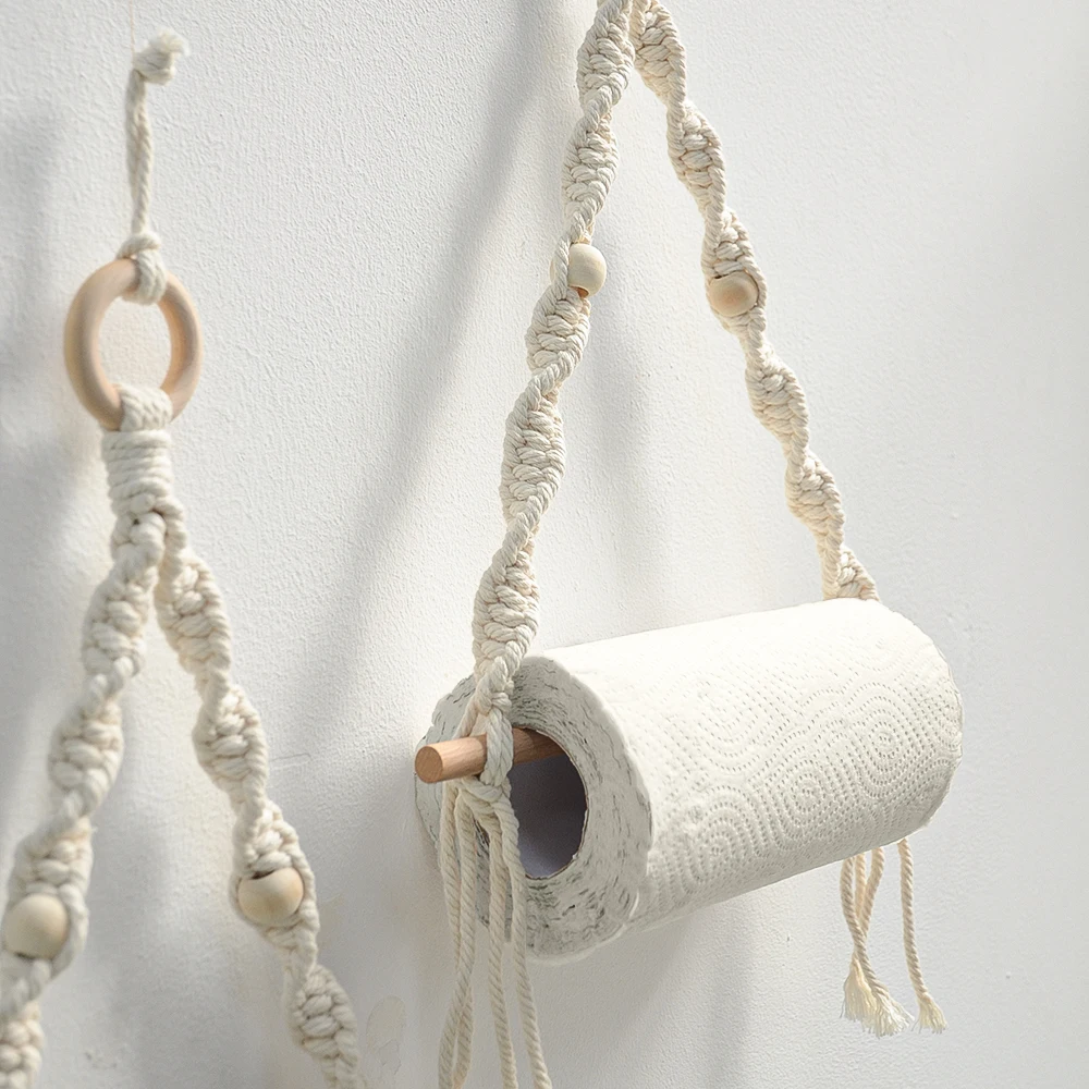 Paper Towel Holder Bohemian Hand-woven Wall-mounted Wooden Bead Roll Paper Rack Towel Rack Homestay Tissue Storage Wall Home Decoration