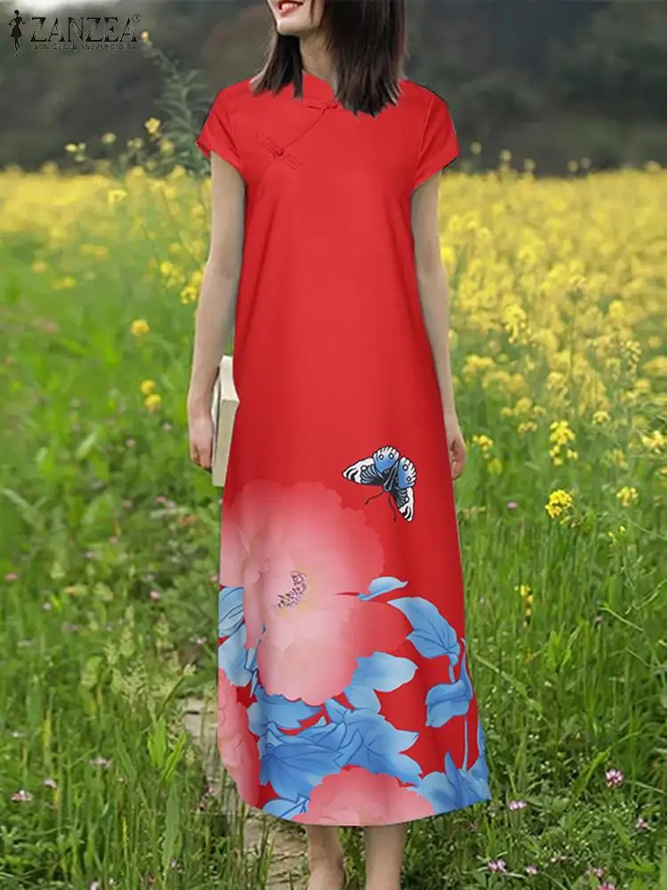 

ZANZEA Summer Fashion Short Sleeve Floral Print Dress Women Cheongsams Oversize Sundress Elegant Holiday Party Midi Vestidos