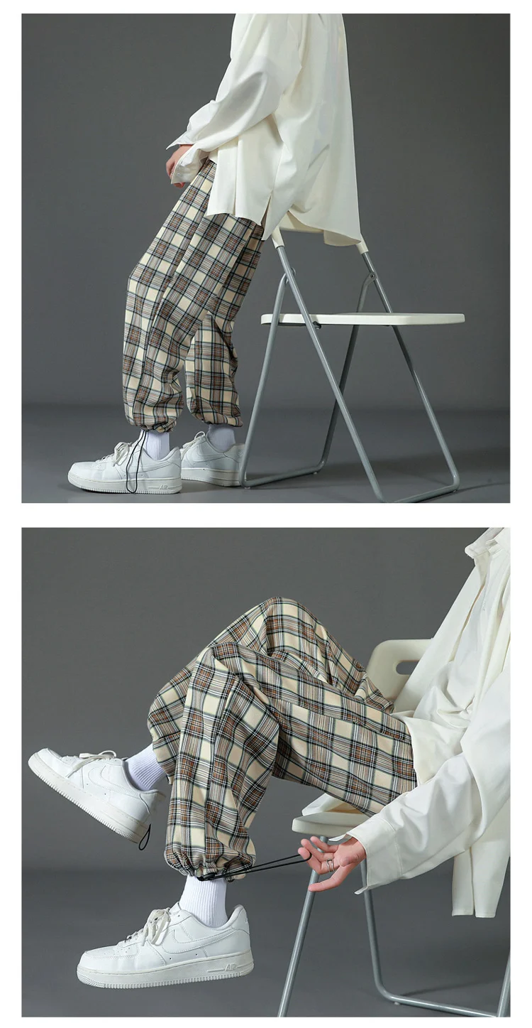 Hybskr 2022 Spring Summer Men Wide Leg Pants Korean Man Casual Joggers Trousers Streetwear Male Plaid Pants Oversized Clothes green cargo pants