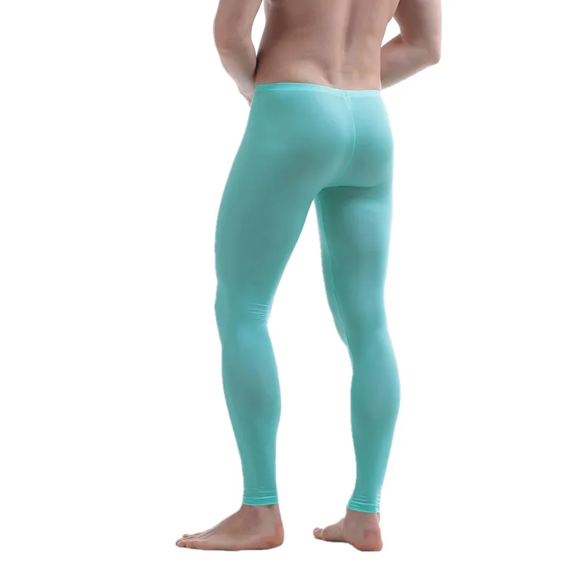 Sexy Mens See Through Ice Silk Ultra-thin Transparent Thermal Leggings Long Johns Lounge Tight Pants Underwear