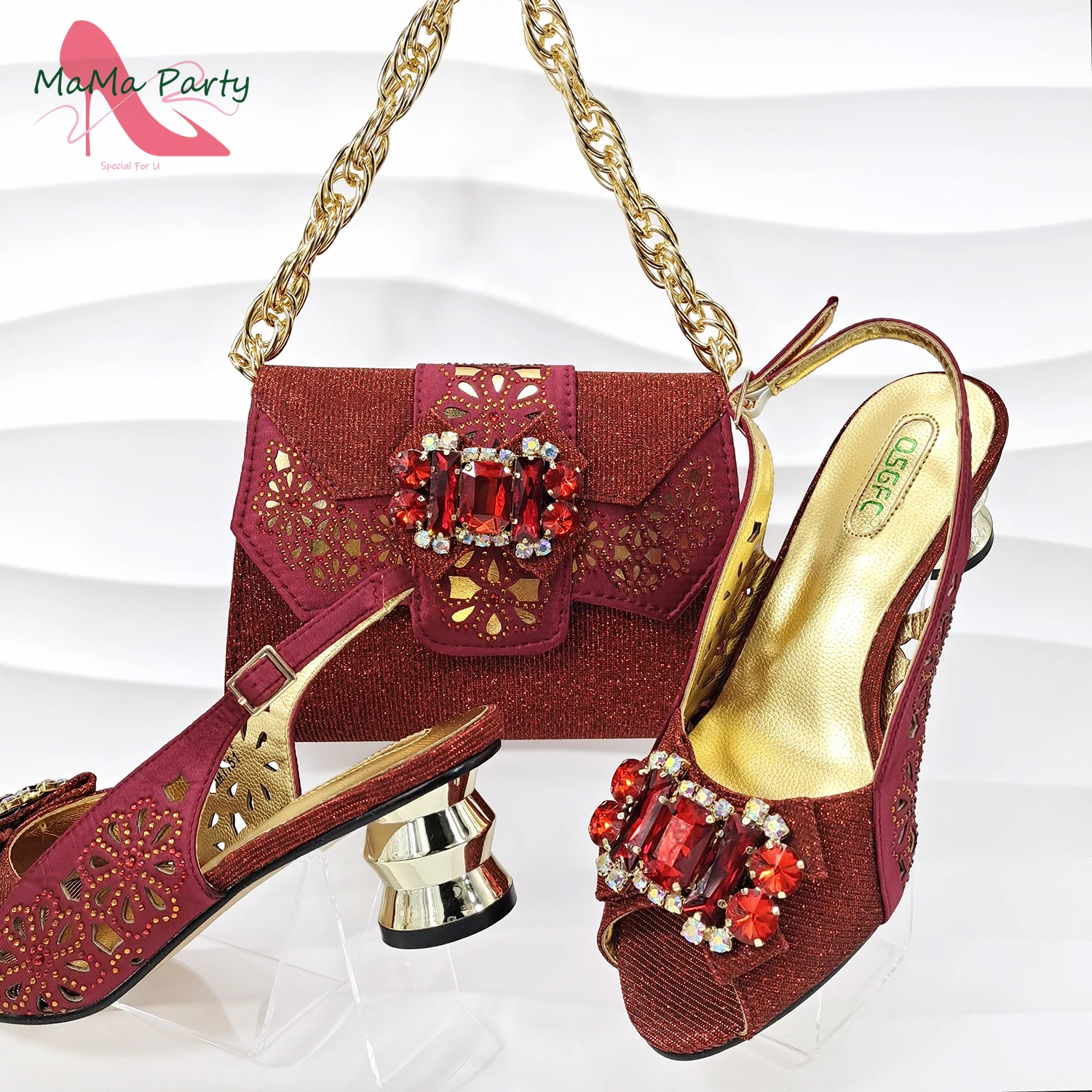 

Wine Color New Arrivals 2024 Italian Design Shoes and Bag Set Mid Heels Comfortable with Shinning Crystal for Wedding