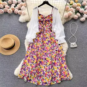 French Retro Floral Suspender Dress + Long Sleeved Sun Protection Shirt Holiday Style Sweet Fashion Summer Set For Women Z1457