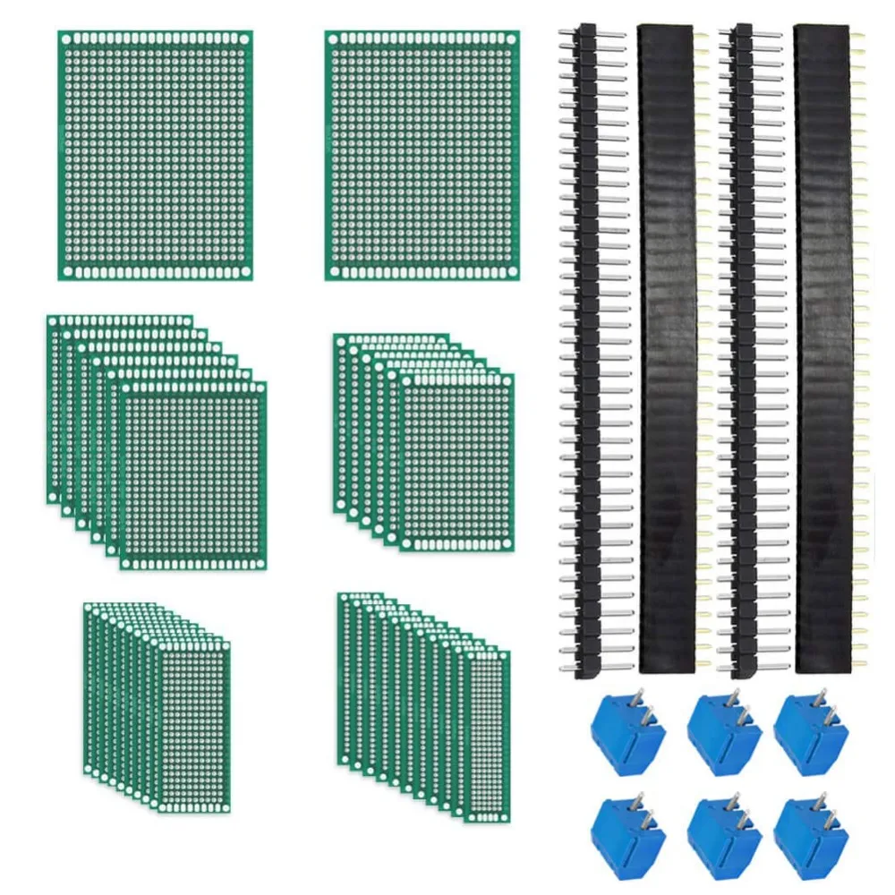 

62Pcs PCB Board Kit Includes 32Pcs Double Sided Prototype Boards, 20Pcs Header Connector and 10Pcs Screw Terminal Blocks