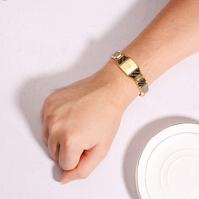 Men Stainless Steel Magnetic Health Energy Hologram Bracelet Gold-color Carbon Fiber ID