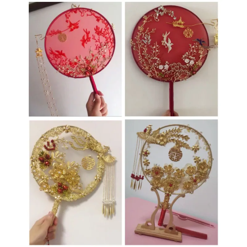 Chinese Wedding Style Polygon Group Fan Lady Dancing Embroidery Hand Tassel Vintage Pattern Cosplay Art Craft Gift Party Decor
