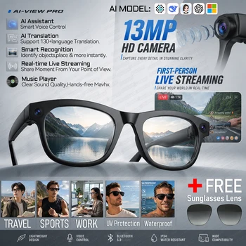 Nuovi Occhiali Smart AI con Fotocamera HD 13MP, Streaming Video in Tempo Reale, Occhiali da Sole Intelligenti con Audio, Traduzione Vocale in Tempo Reale, Memoria da 32GB, Occhiali da Uomo