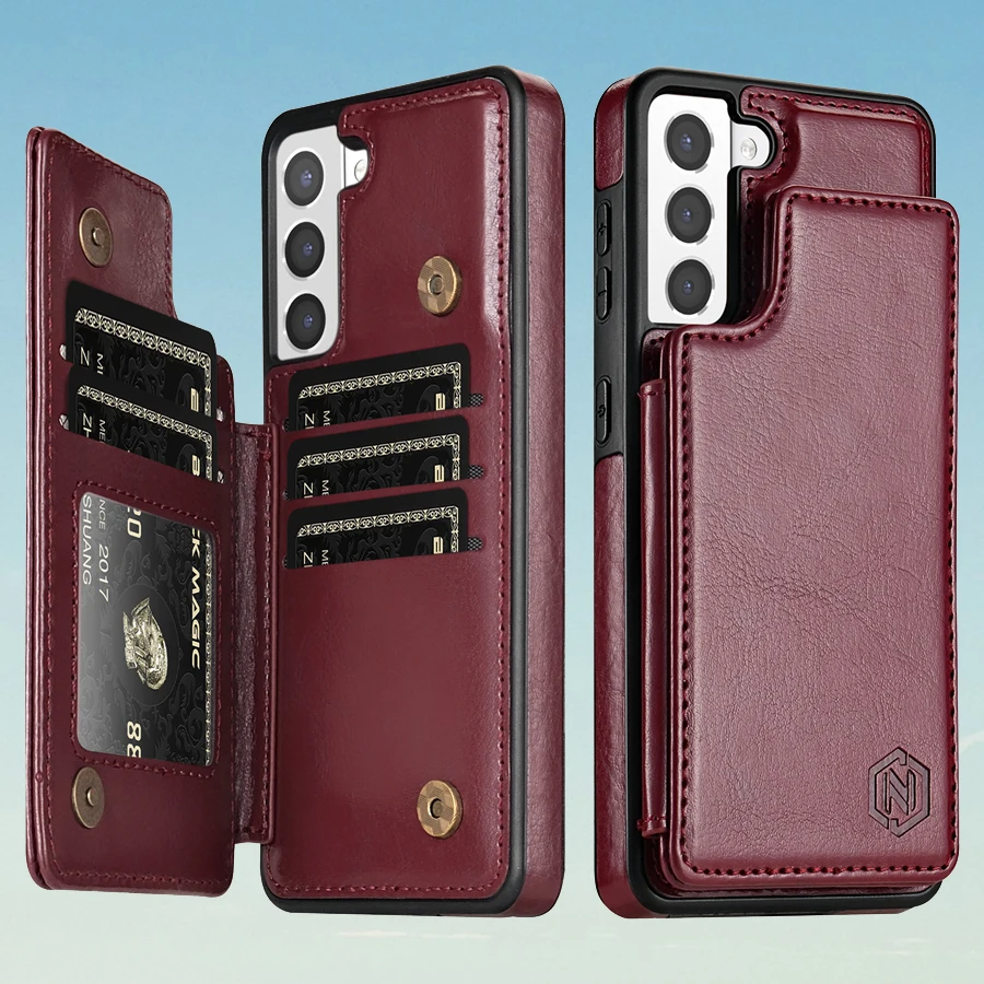 Magnetic Double Buckle RFID Blocking Leather Card Holder Wallet Case