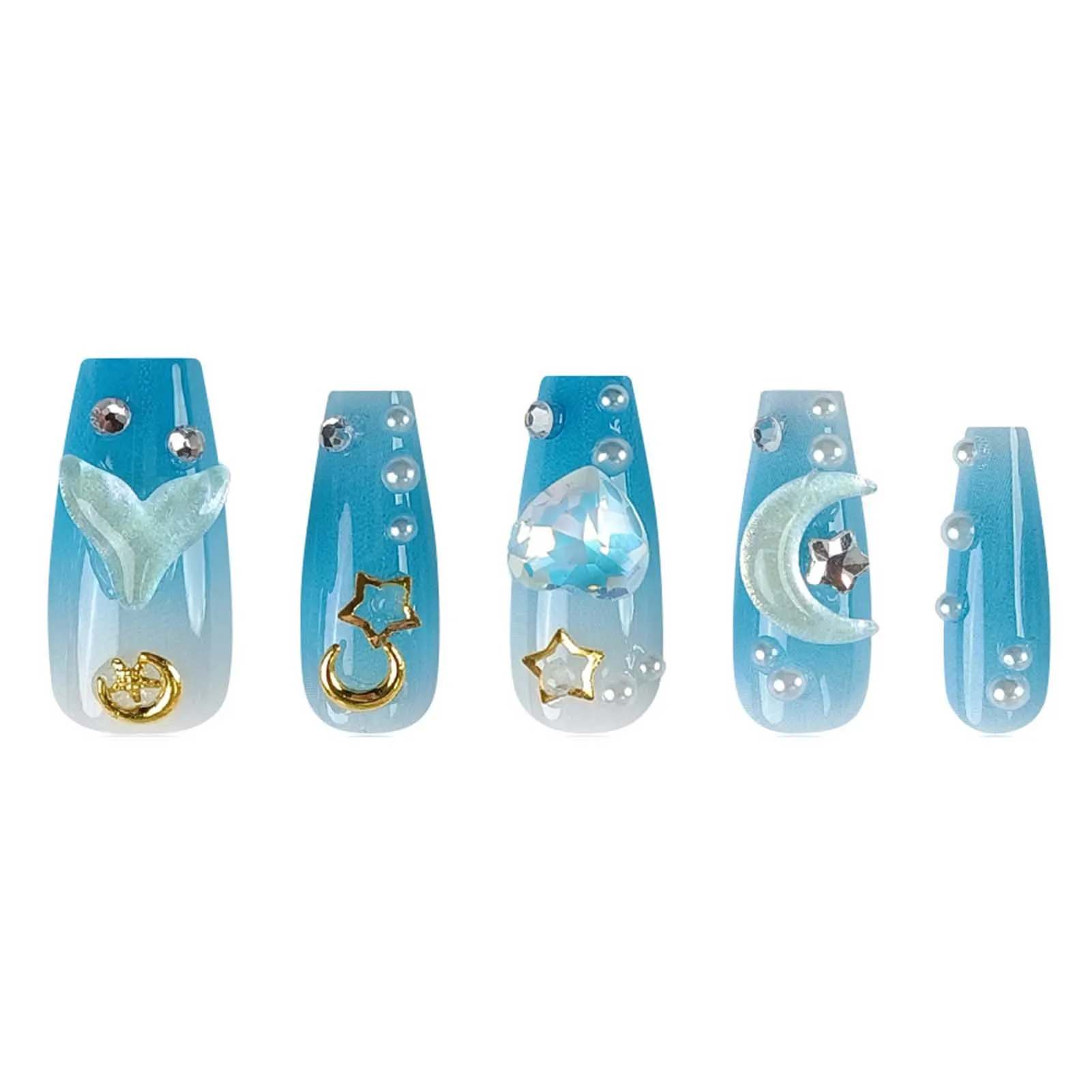 

Blue Gradient Fake Nails with Pearls Ultra-flexible Long Lasting Fake Nails for Women and Girl Nail Salon