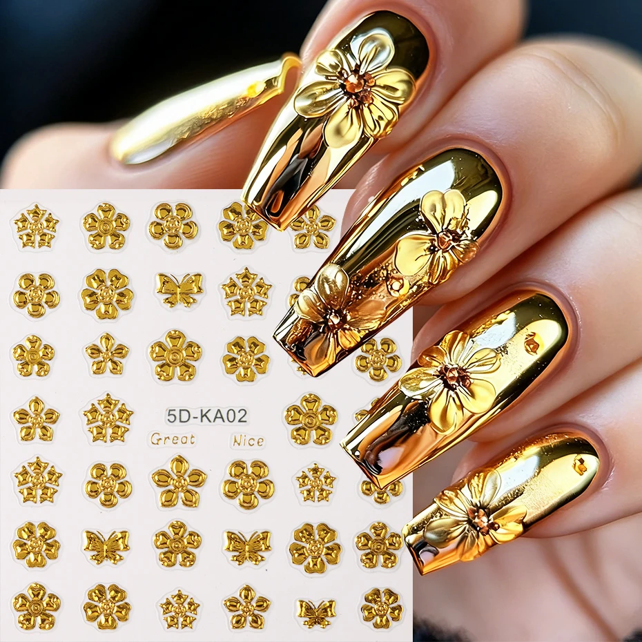 골드 플라워 네일 아트 스티커 데칼 글로시 크롬 블루밍 플로럴 나비 스티커 네일 슬라이더 디자인 네일 아트 데코레이션