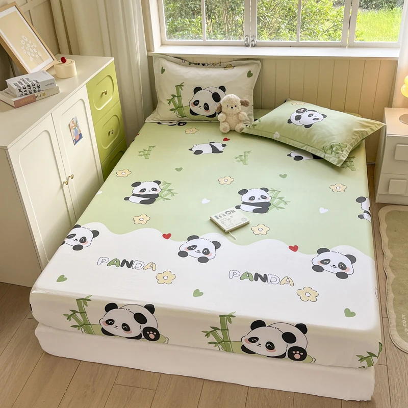 Kawaii Cartoon Panda Fitted Sheet,Bamboo Floral Wild Animals Bed Sheet Set Cotton Bed Cover with Deep Pocket for Child Kids Room 2