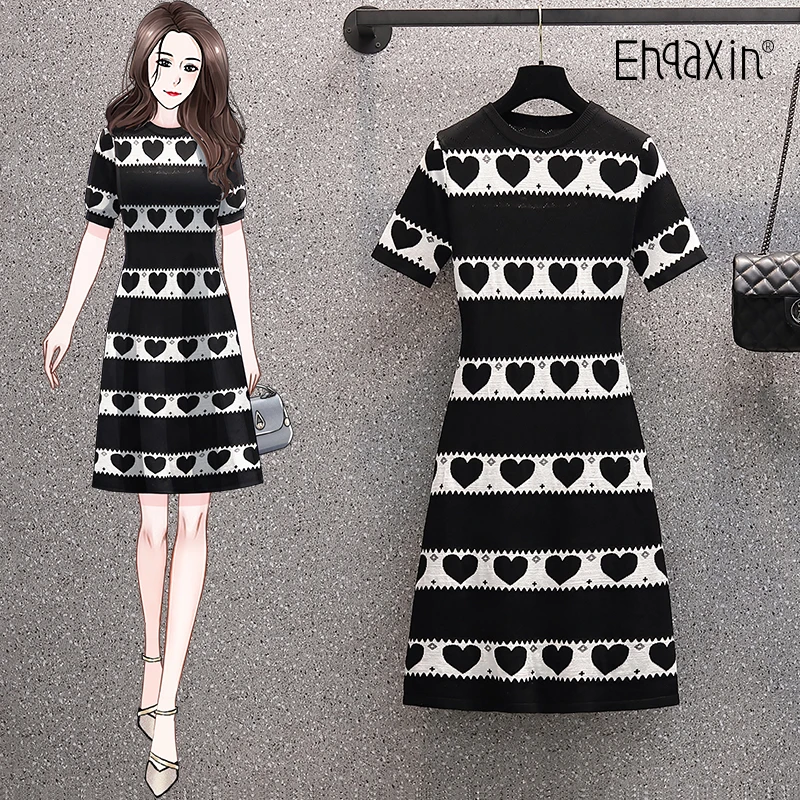 

EHQAXIN Women's Dress Summer Simple Love Black And White Contrasting Hollow A-Shaped Pullover Ice Silk Knit Dresses Female M-4XL