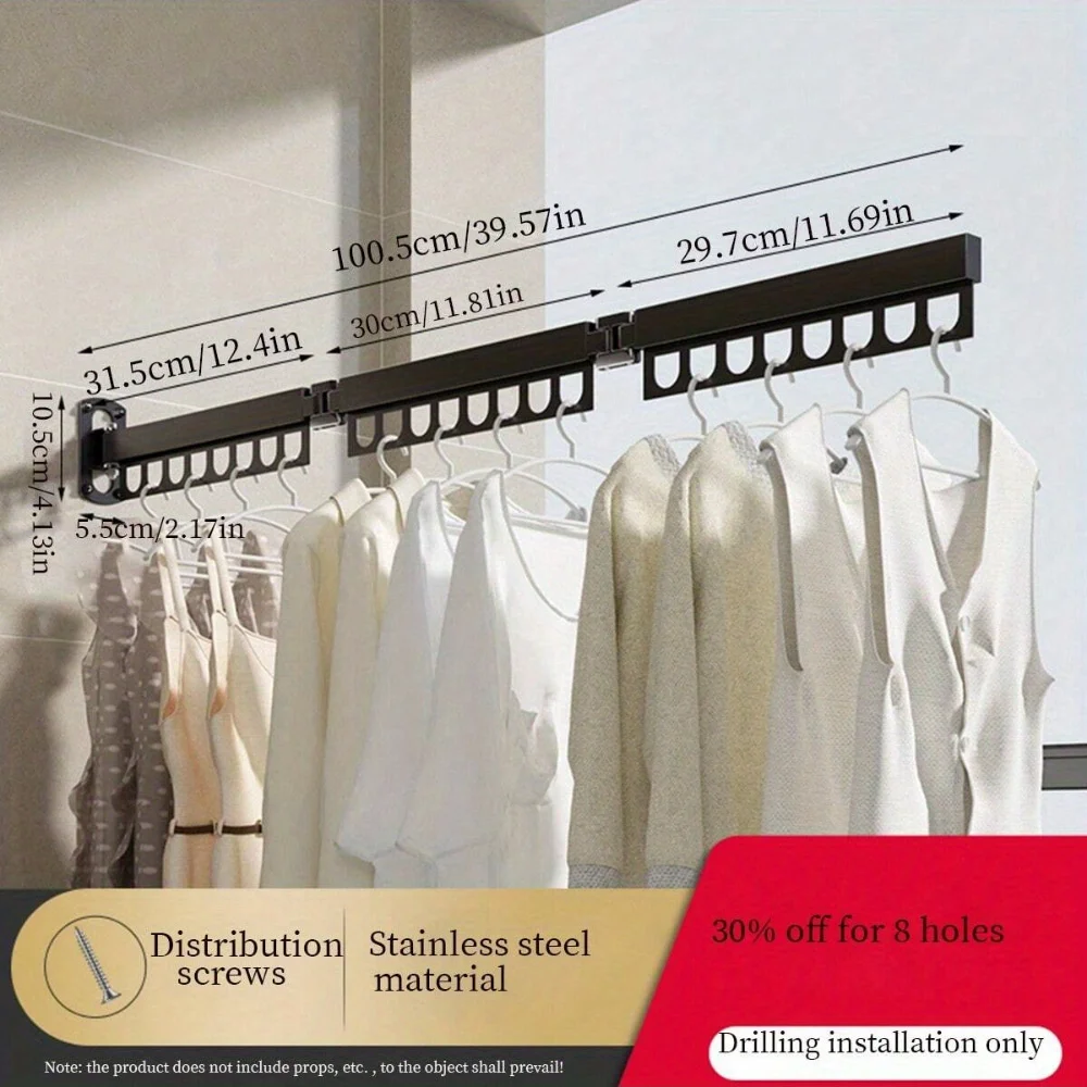 Aluminum Alloy Foldable Wall-mounted Clothes Drying Rack, No Drill Balcony Hanger for Hotel/Home Indoor Outdoor Use