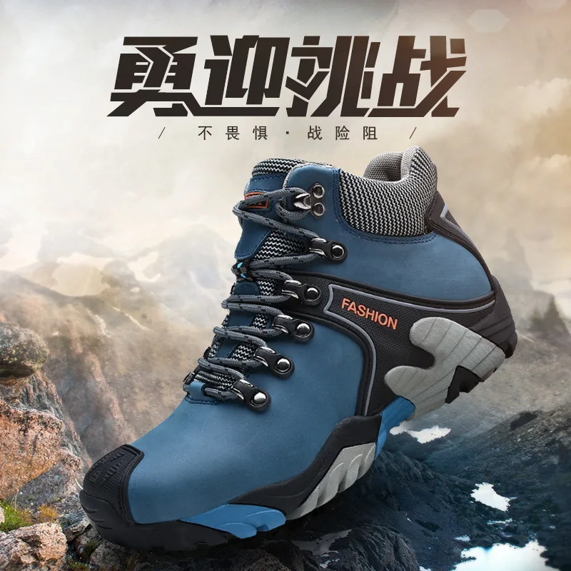 High quality leather boots for men new 2023 autumn winter size 45 46 hiking outdoor mountain walking  plush warm shoe black blue