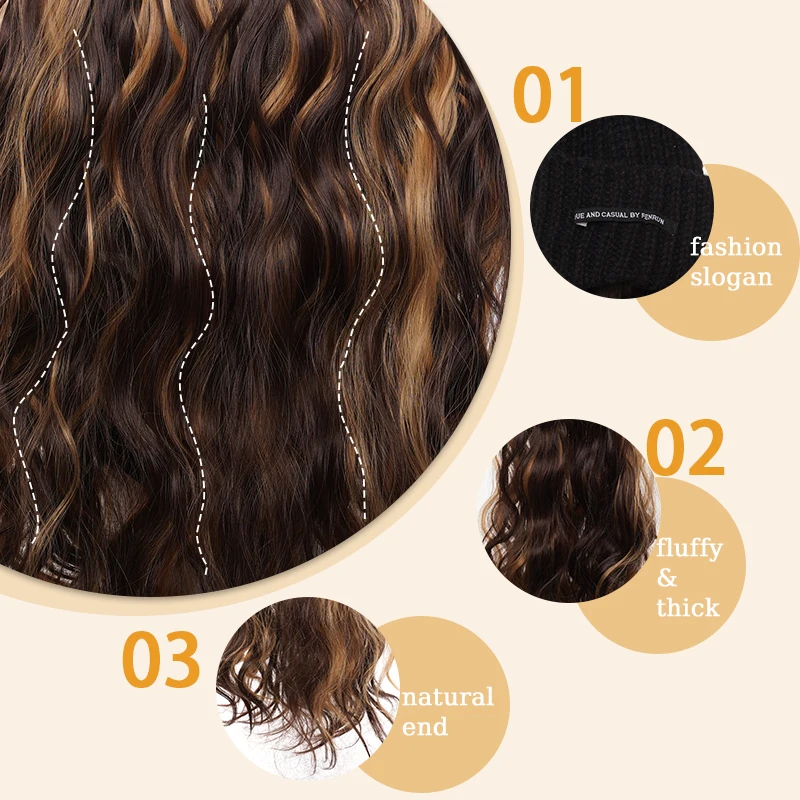 Knitted Hat with Wavy Hair Synthetic 22inch Hat Wig Extensions for Women Winter Warm Beanies Hats Wigs for Christmas Use