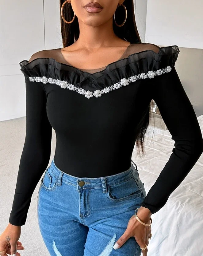 Women's T-shirt Blouse Fashion Floral Pattern Beaded Ruffle Hem Top Casual Long Sleeve Round Neck Female Pullover 2024 Spring