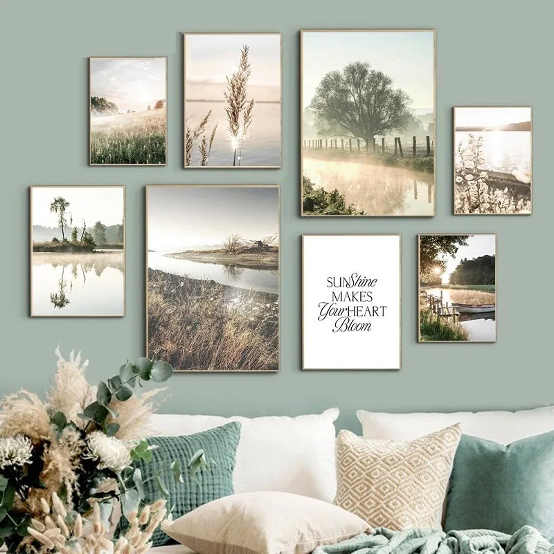Nordic Art Canvas Painting Reed Hay Grass Mountain Lake Landscape Poster Flower Field Picture Home Living Room Decoration Murale