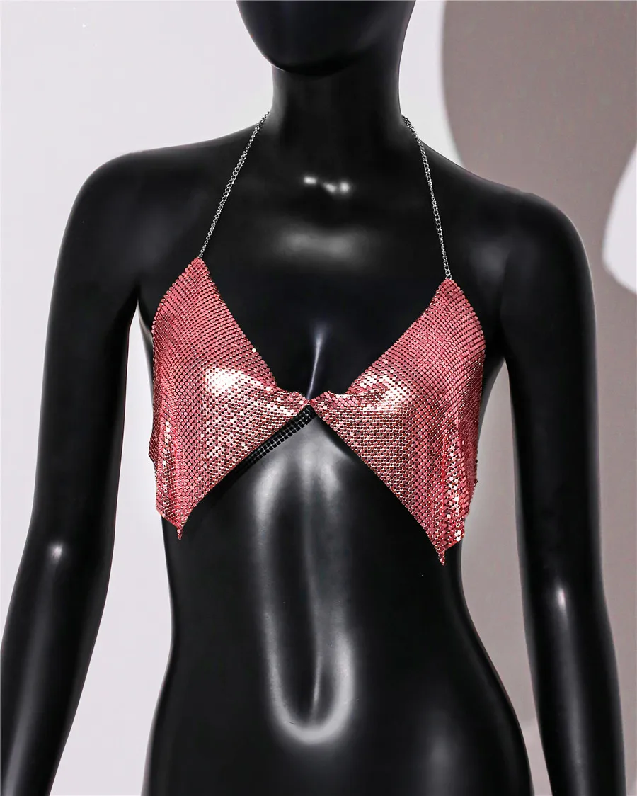 Akyzo Mode Metall Pailletten Leibchen Sommer Frauen rücken frei Neck holder Hals von der Schulter Crop Top Rave Vocal Konzert Tank Top – Detail 21