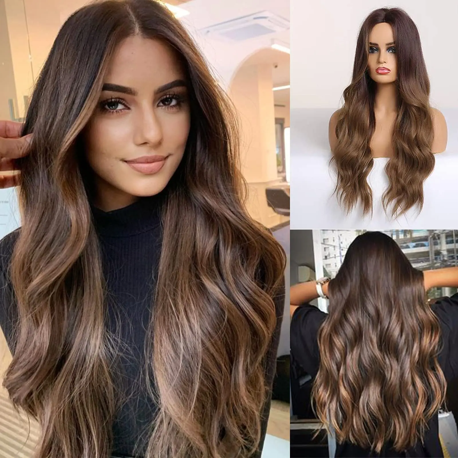 

Long Ombre Brown Hair Wig for Women Synthetic Curly Hair Wig Middle Parting 26"