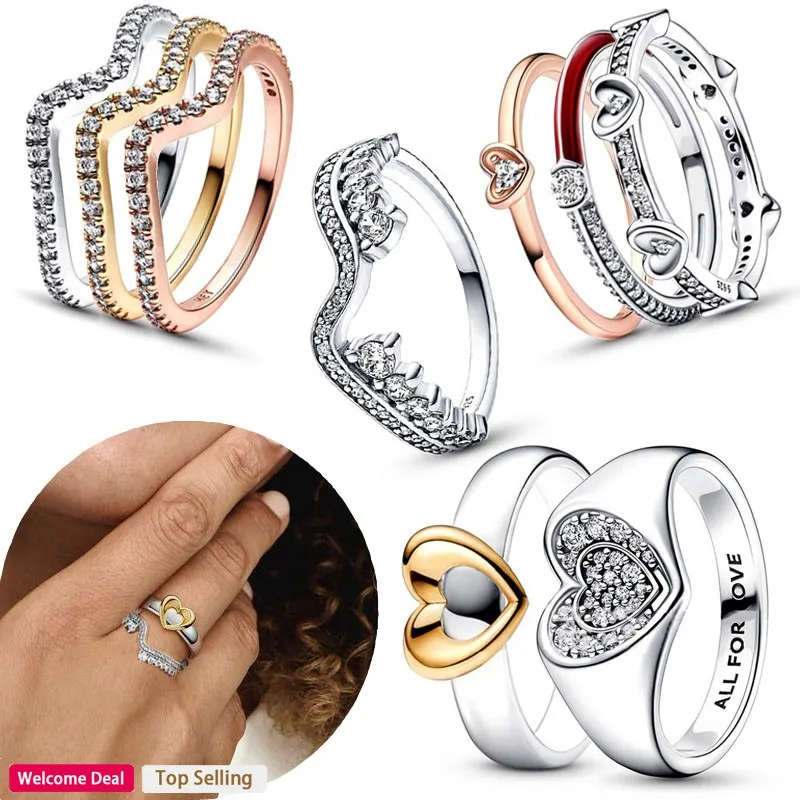 

Hot Selling 925 Silver Original Women's Dual Color Sliding Heart Shaped Logo Wave Ring Wedding DIY Light Luxury Charm Jewelry