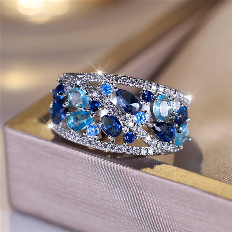 Luxury Female Blue Zircon Stone Ring Trendy Silver Color Engagement Cute Bride Wedding Jewelry Gift For Women