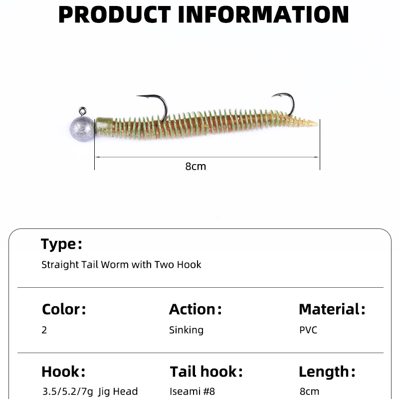 OUTKIT Neuer 5-teiliger FishTrip-Weichköder mit Jig-Kopf, gerader Schwanz mit Haken, weicher TPE-Köder, 3,5–7 g, für Bass-Angelgerät, Salzwasser – Detail 3
