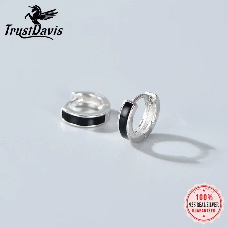 TrustDavis 925 Sterling Silver Hoop Earrings Black White Hoops Birthday Gift for Women Huggie Silver 925 Jewelry Brincos DA1800