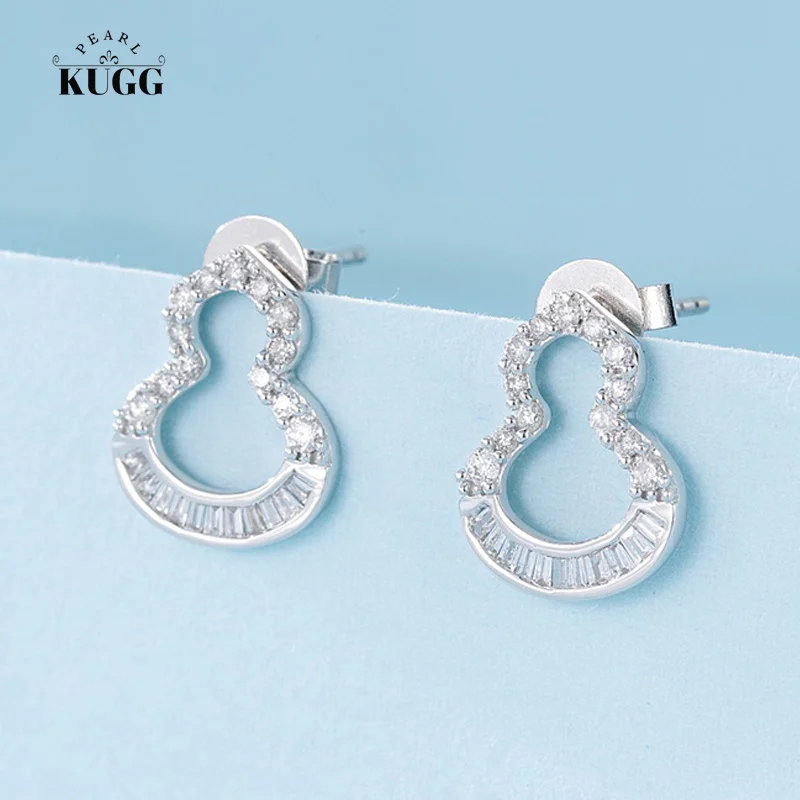 

KUGG 18K White or Rose Gold Earrings Real Natural Diamond Stud Earrings Luck Gourd Shaped Design Exquisite Jewelry for Women