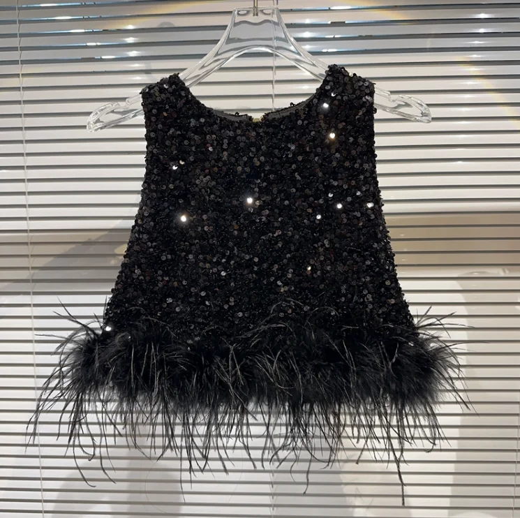 

2023 New Arrival Summer Vest Hot Girl Socialite Ostrich Feather Sequins Black Tank Top Women Heavy Industry Spaghetti-Strap Cami