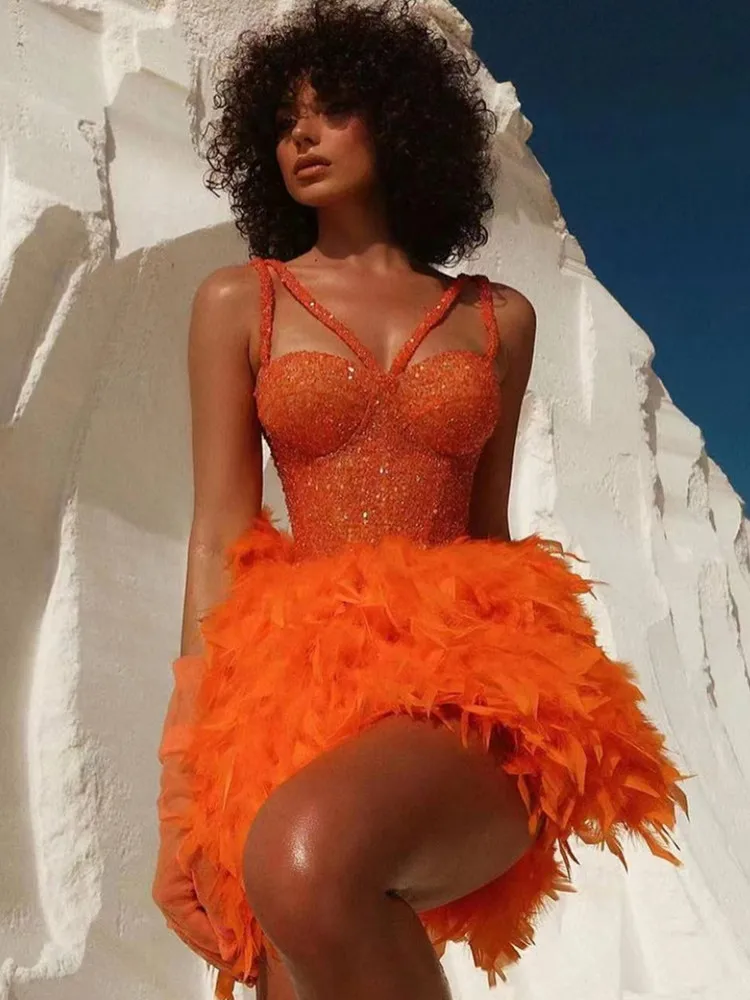 

Women Summer Luxury Sexy V Neck Backless Sequins Orange Feather Mini Bodycon Gowns Dress Elegant Evening Party Club Dress