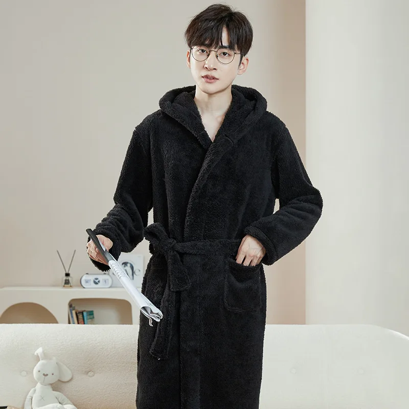 Sleepwear Nightgown Men Women Couple Pajamas Warm Flannel Robes Coral Fleece Long Sleeve Fleece Sleepwear Belt Cardigan Hooded