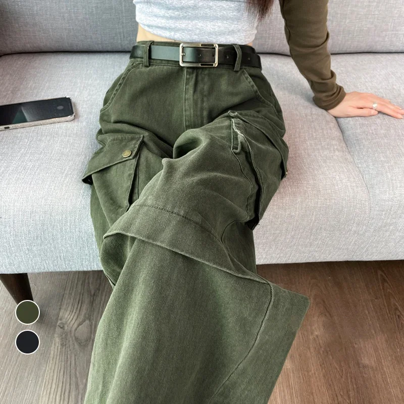 HOUZHOU Y2K Cargo Jeans Denim Pants Women Green Wide Leg Cargo Trousers Female Korean Streerwear Hip Hop Pockets Casual Retro deeptown vintage 90s cargo jeans women y2k streetwear blue baggy denim pants oversized harajuku retro pockets trousers