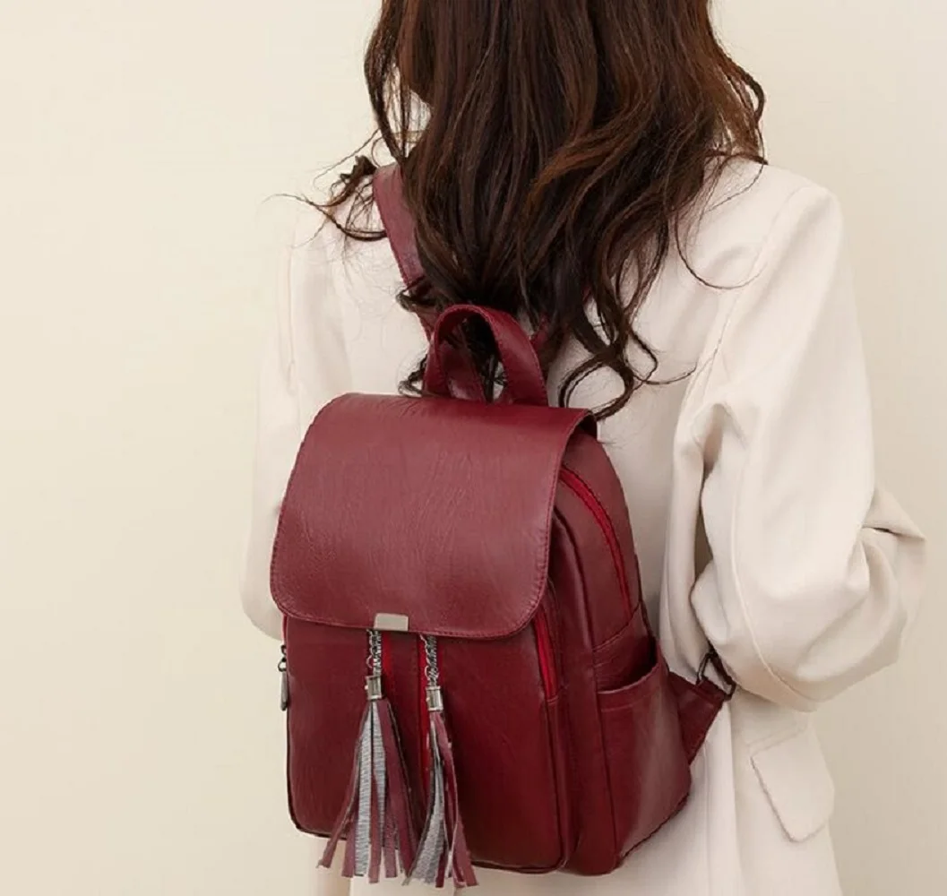 Women New Luxury Fashion Tassel High Quality Soft Leather Backpack Large Capacity Travel Shoulder Bags Laptop School Bag Totes