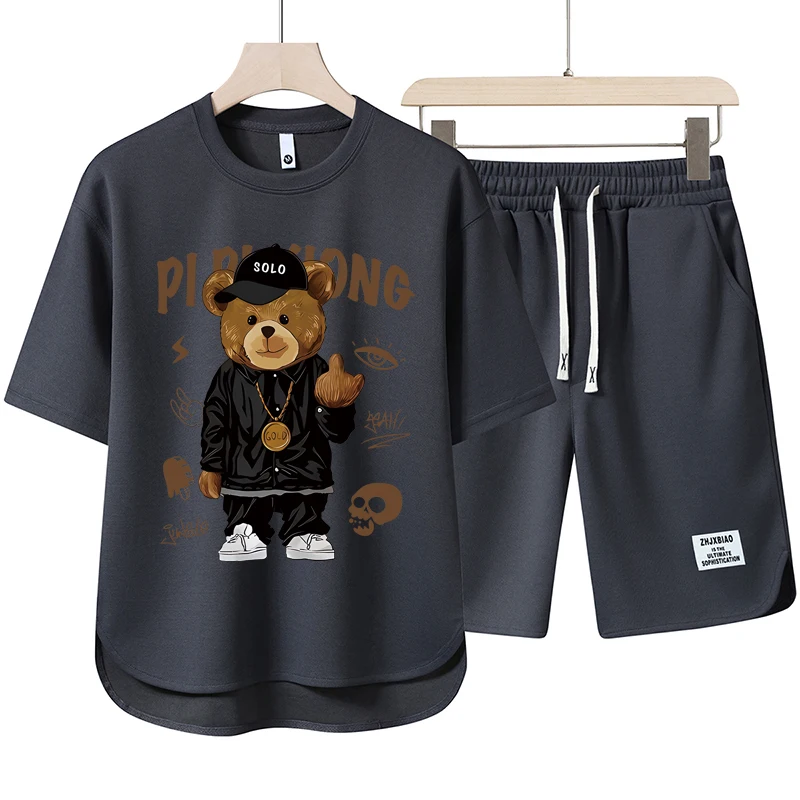 Summer Hot Selling Baby Kids Short Sleeves Cartoon Animals Pattern T-shirt and Striped Shorts Clothing Set