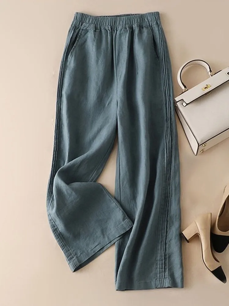 

Women Cotton Linen Casual Pants New Arrival 2022 Spring Solid Color Elastic High Waist Loose Female Wide Leg Trousers D095