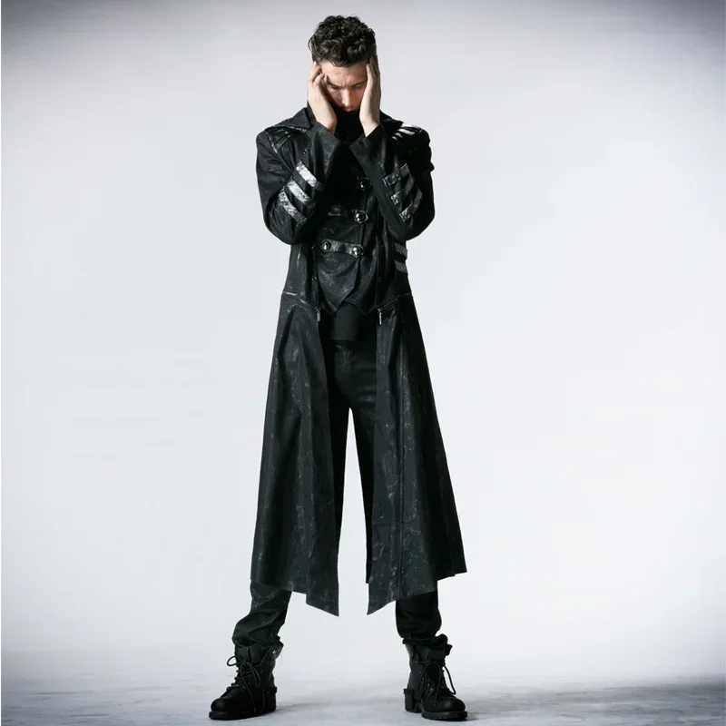 PUNK RAVE Men's Gothic Long Winter Black  Adjustable Jackets Punk Style Visual Kei Fashion Coat Hoodie Windbreaker Men 2