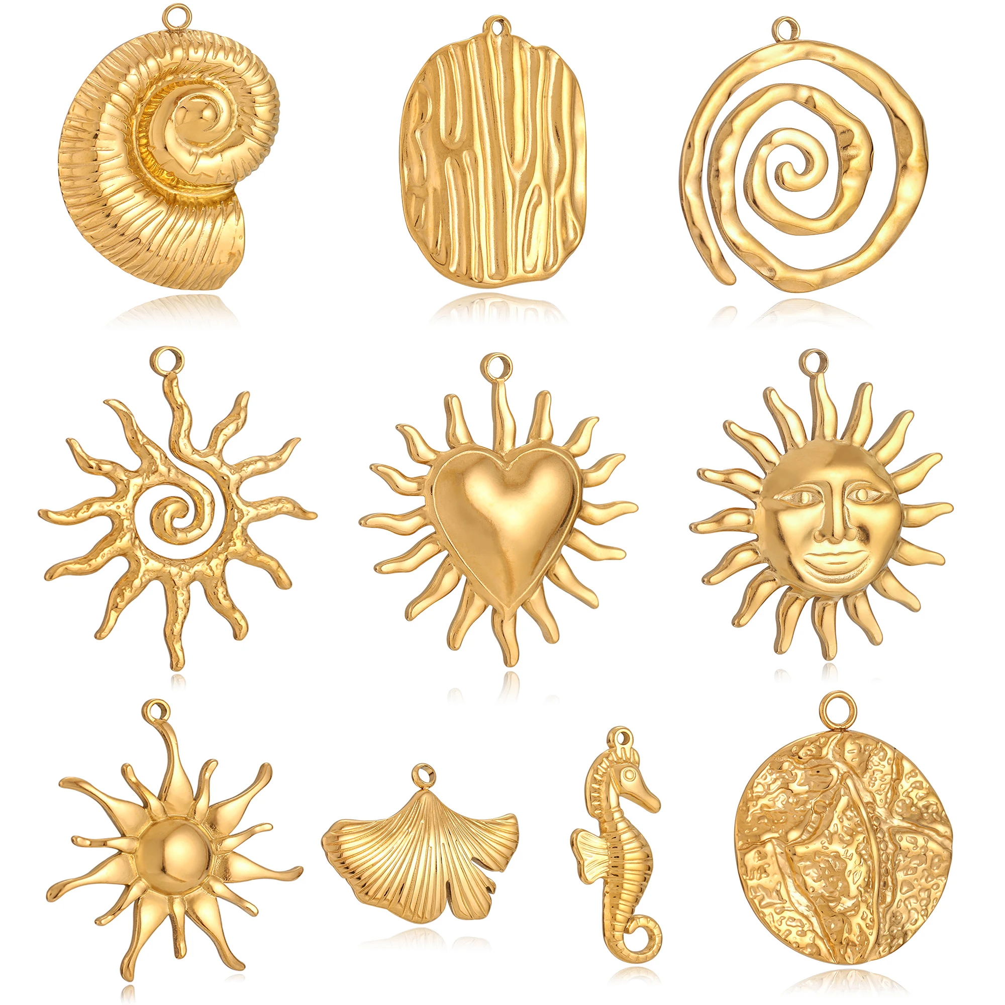3 Stück Edelstahl Mode Retro Bohemian Sun Conch Charms DIY Schmuck Ohrringe Halskette große Anhänger Gold Farbe machen