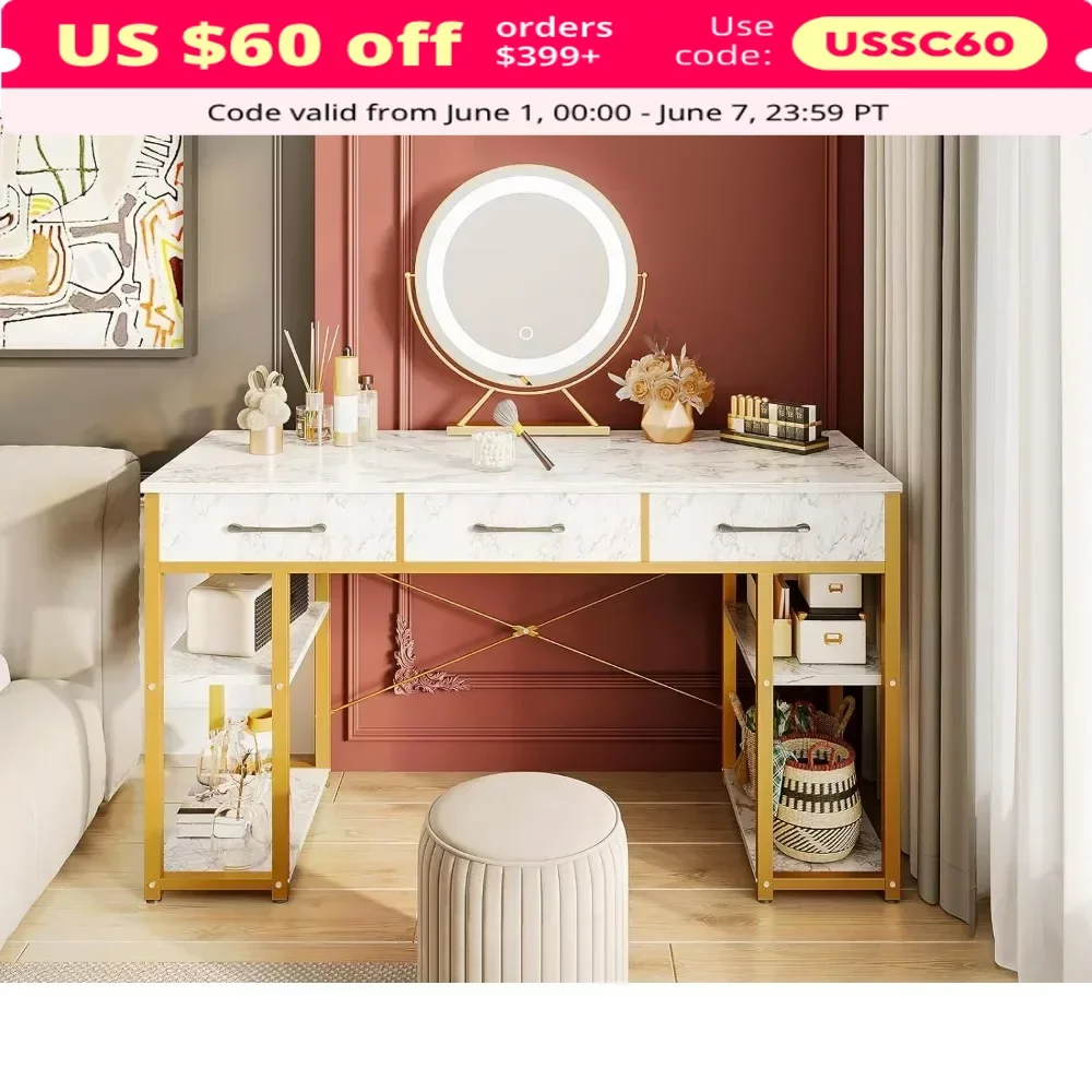 

Vanity Desk with Fabric Drawers & Storage Shelves, Makeup Dressing Table, Home Office Desks for Bedroom, Modern Writing Desk