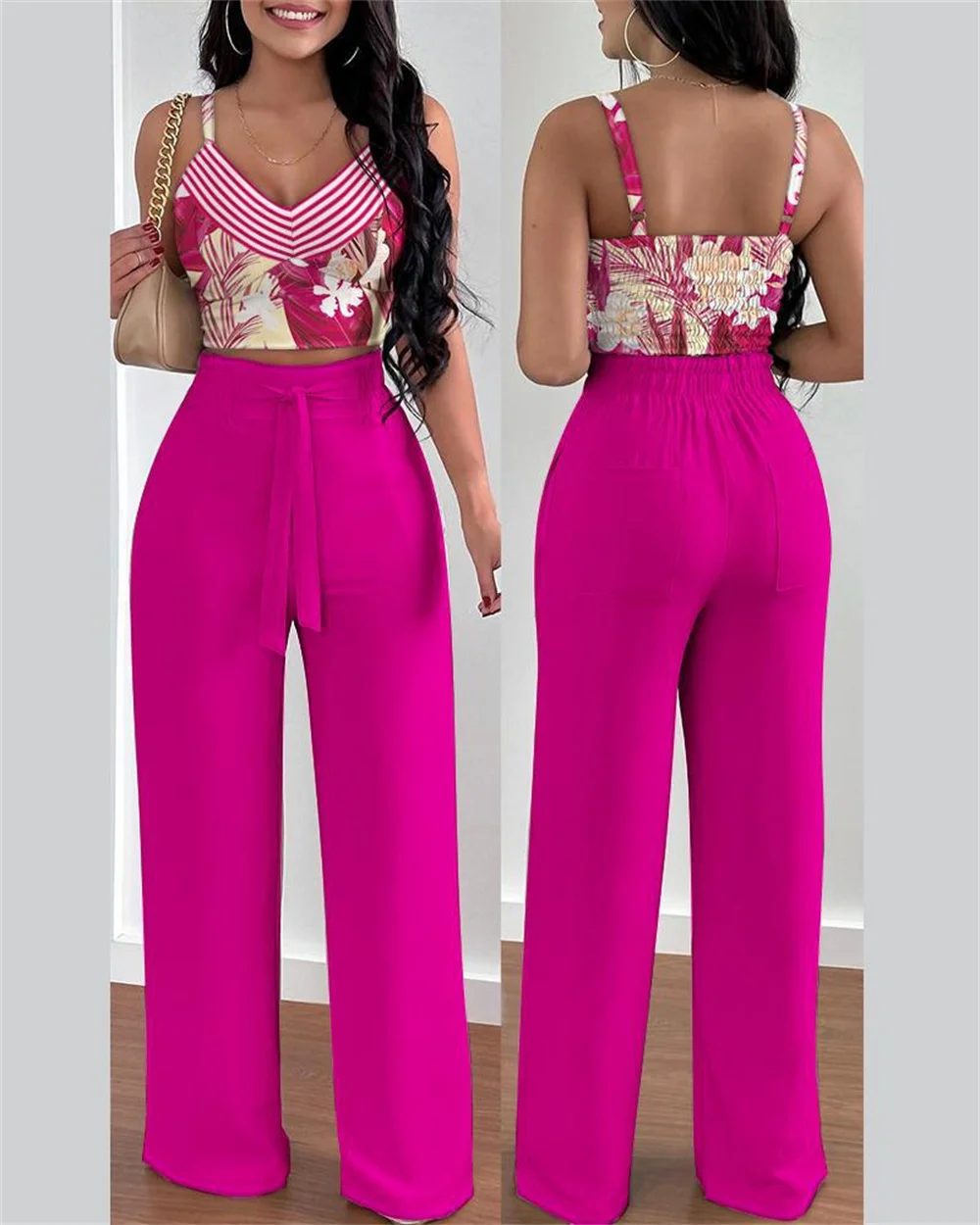 

Chic Women's Summer Suit 2023 New in Ladies Casual Patchwork Print Tank Suit Tops and Long Pants Elegant Female Matching Set