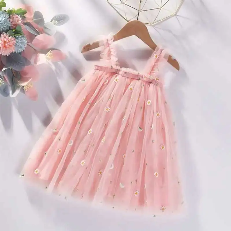 Baby Girls Tutu Dress Kids Summer Mesh Clothes Flower Embroidery Girl Toddler Tulle Dress Party Princess