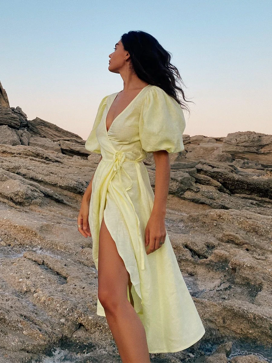 Bornladies 100% Cotton V-neck Waist Cinched Dress Unique Lantern Sleeve Sexy Slit Long Skirt Fashionable Women's Casual Dresses