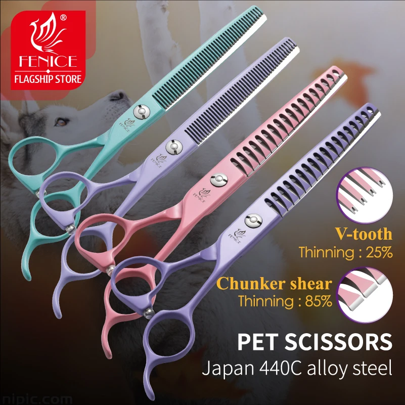 Fenice Professional 6.5/7.0 Inch JP440C Macaron Colorful Pet Thinning Chunker Scissors for Dog Grooming Shears