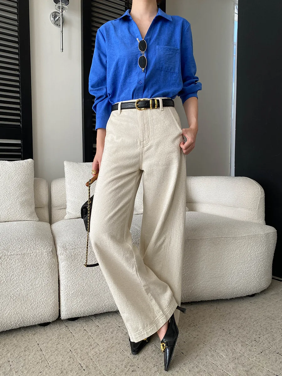 Frühlingshemd für Damen, lässig, einfarbig, V-Ausschnitt, Satin, Pendlerhemd – Detail 11