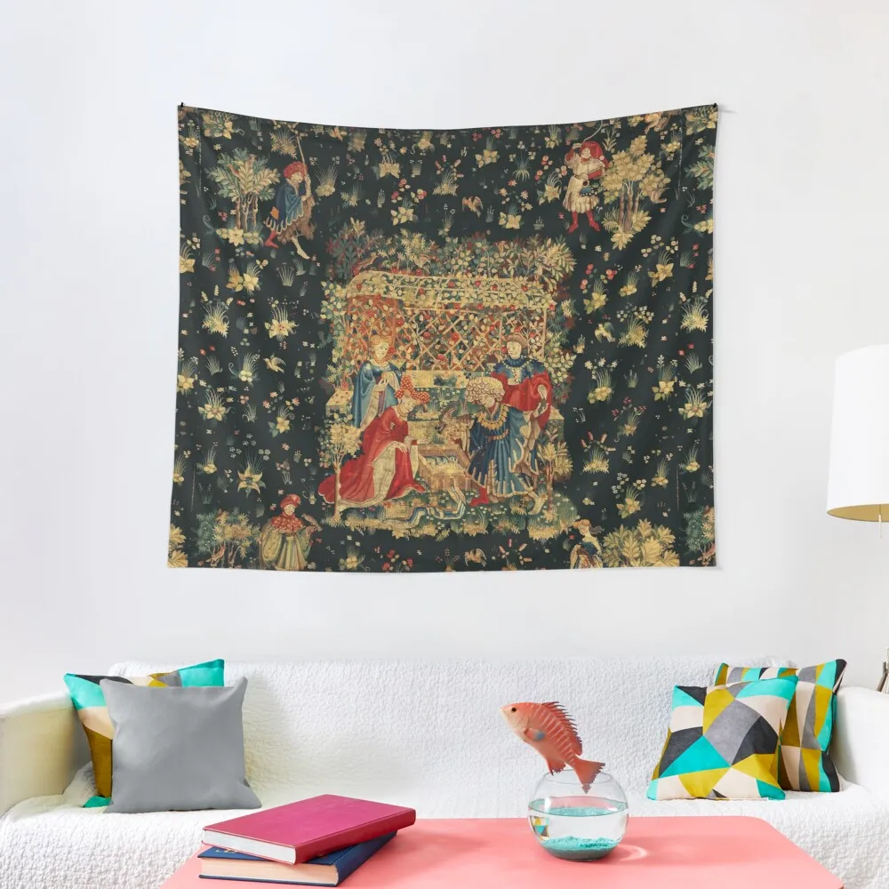 Falcons Bath Rosso Blu Antico Arazzo Medievale, Figure Corte, Uccelli, Fiori, Arazzo A Traliccio Rosa Decorazione Natalizia 2023