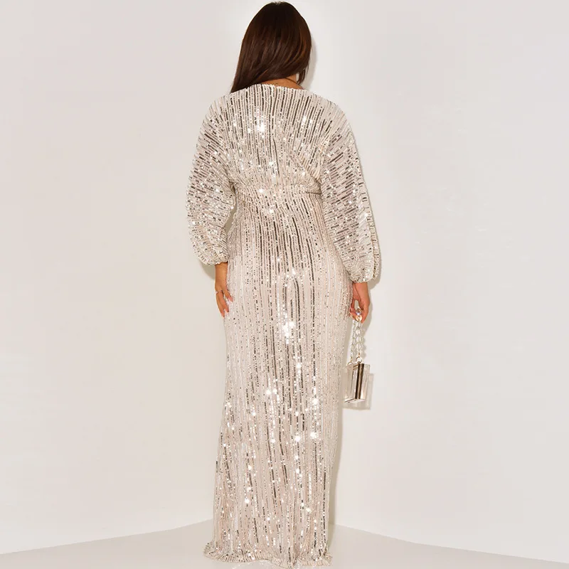 럭셔리 파티 원피스 딥 브이넥 랜턴, 긴팔 이브닝 가운, 반짝이는 스팽글, 몸 전체를 슬림하고 길쭉한 룩 무도회 