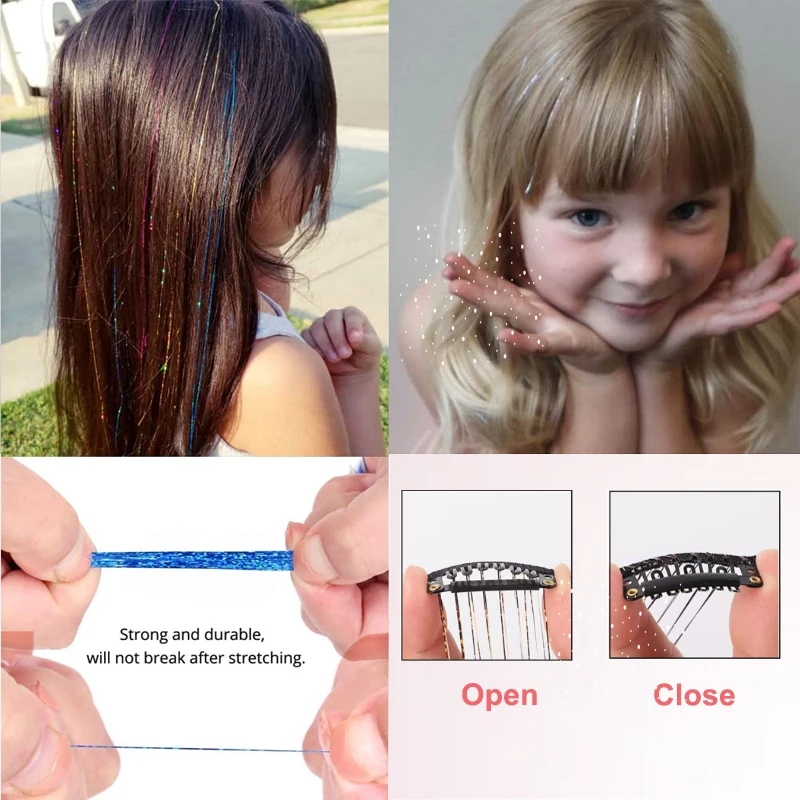 LUPU 12 piece Girls' Hair Clip Set, 20 inch Shiny Fairy Hair Clip for Hair Extensions, Parties and Holidays
