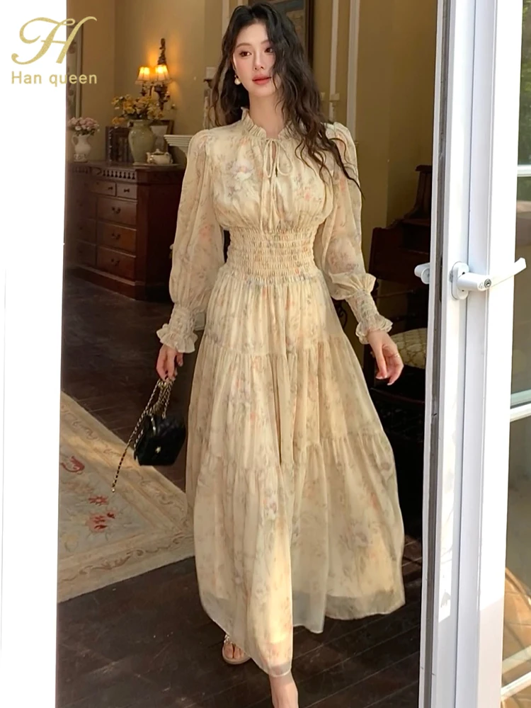 Long Sleeve Casual Beach Holiday Wrap Waist Spring Summer Women's Bohemian  Chiffon Printed Dress - AliExpress