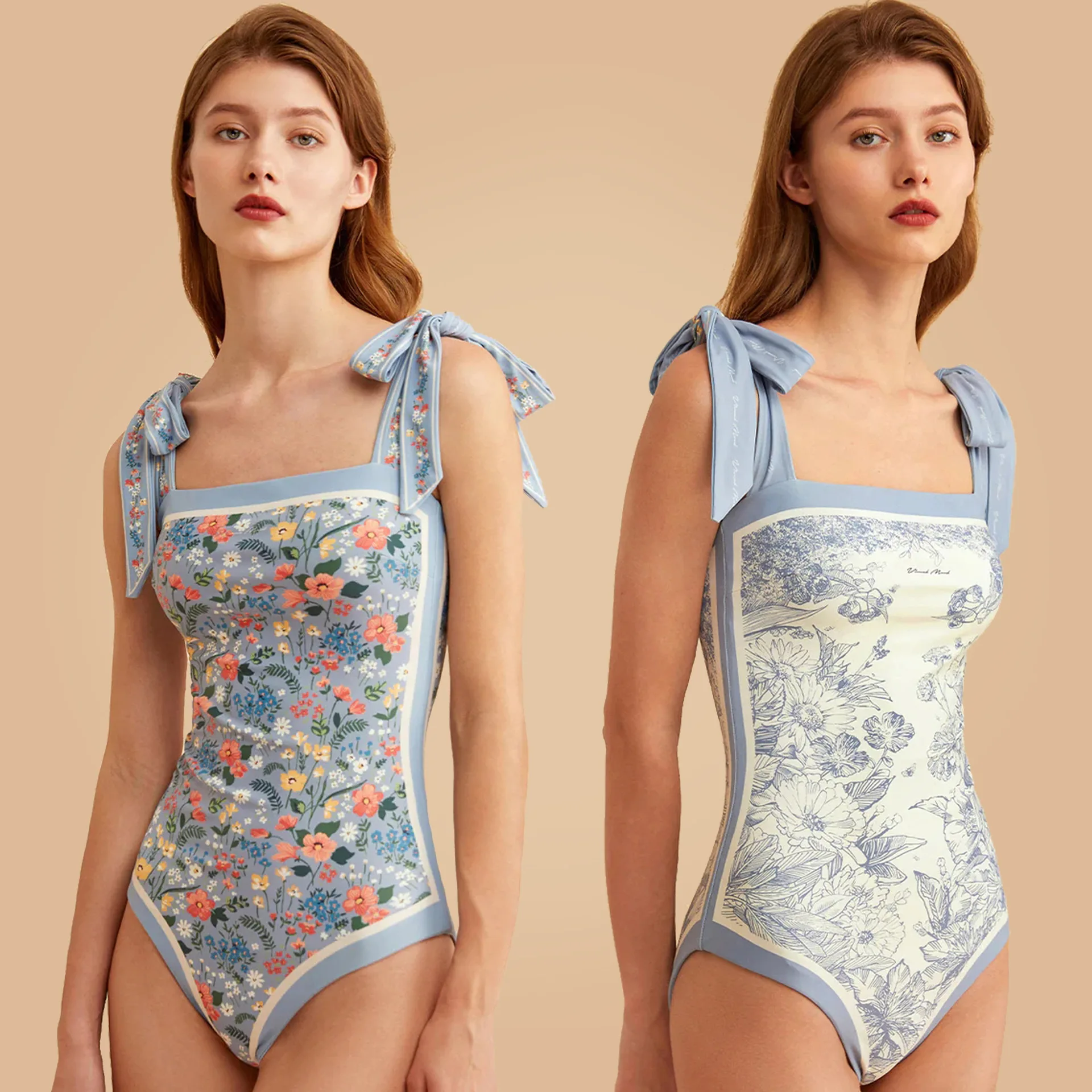 

2023 Bodysuit Double-sided Flower Printing Vintage Square Neck Slim One Piece Swimsuit Feminine High Waist Swimwear Beach