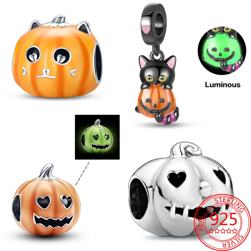 New Halloween Charm 925 Silver Murano Glass Beads Pumpkin Bat Witch Charm Fit Pandora Bracelet & Bangle Christmas Jewelry Gifts